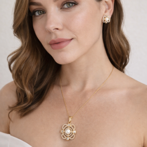 Pearl Cubic Zirconia gold plated pendant with earrings