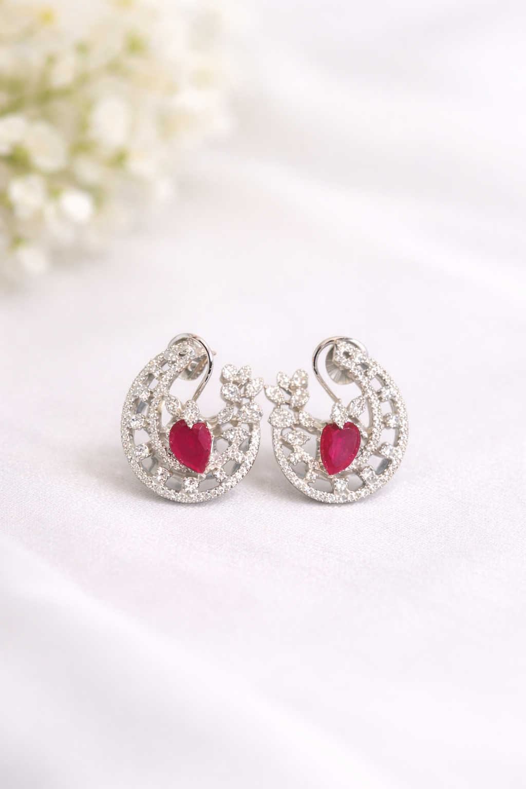 ruby bloom earrings with rhodium plating ruby bloom earrings with rhodium plating