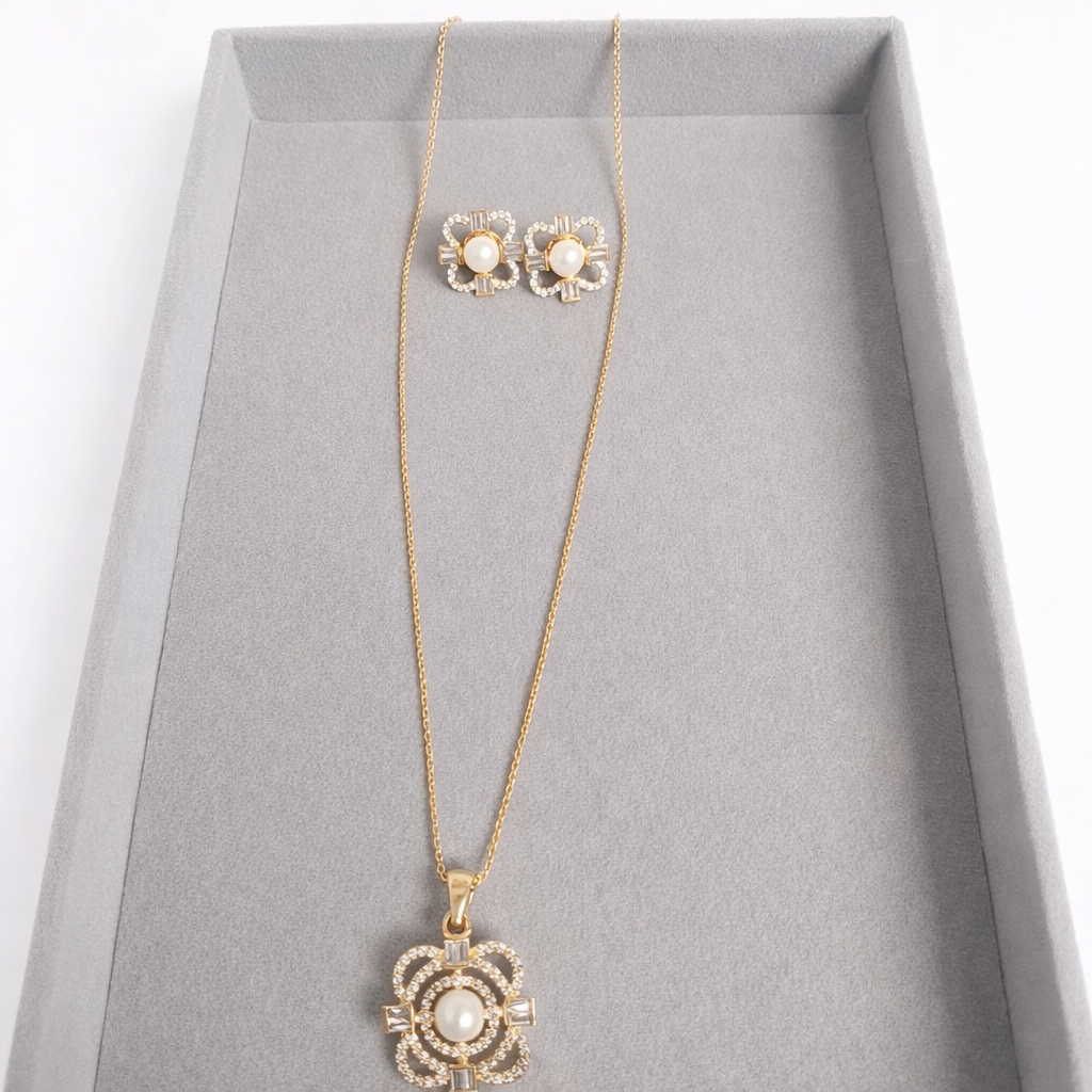 pearl cubic zirconia gold plated pendant with earrings pearl cubic zirconia gold plated pendant with earrings