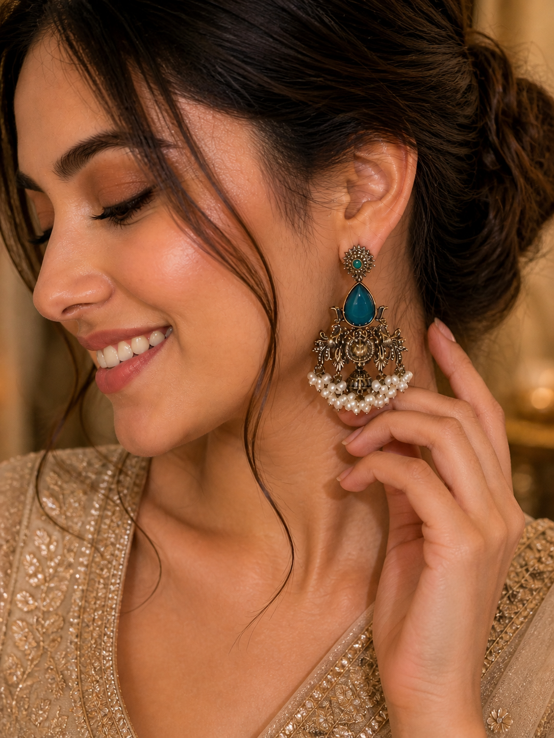 Royal Emerald Pearl Oxidised Jhumka Earrings for Women - Image 2