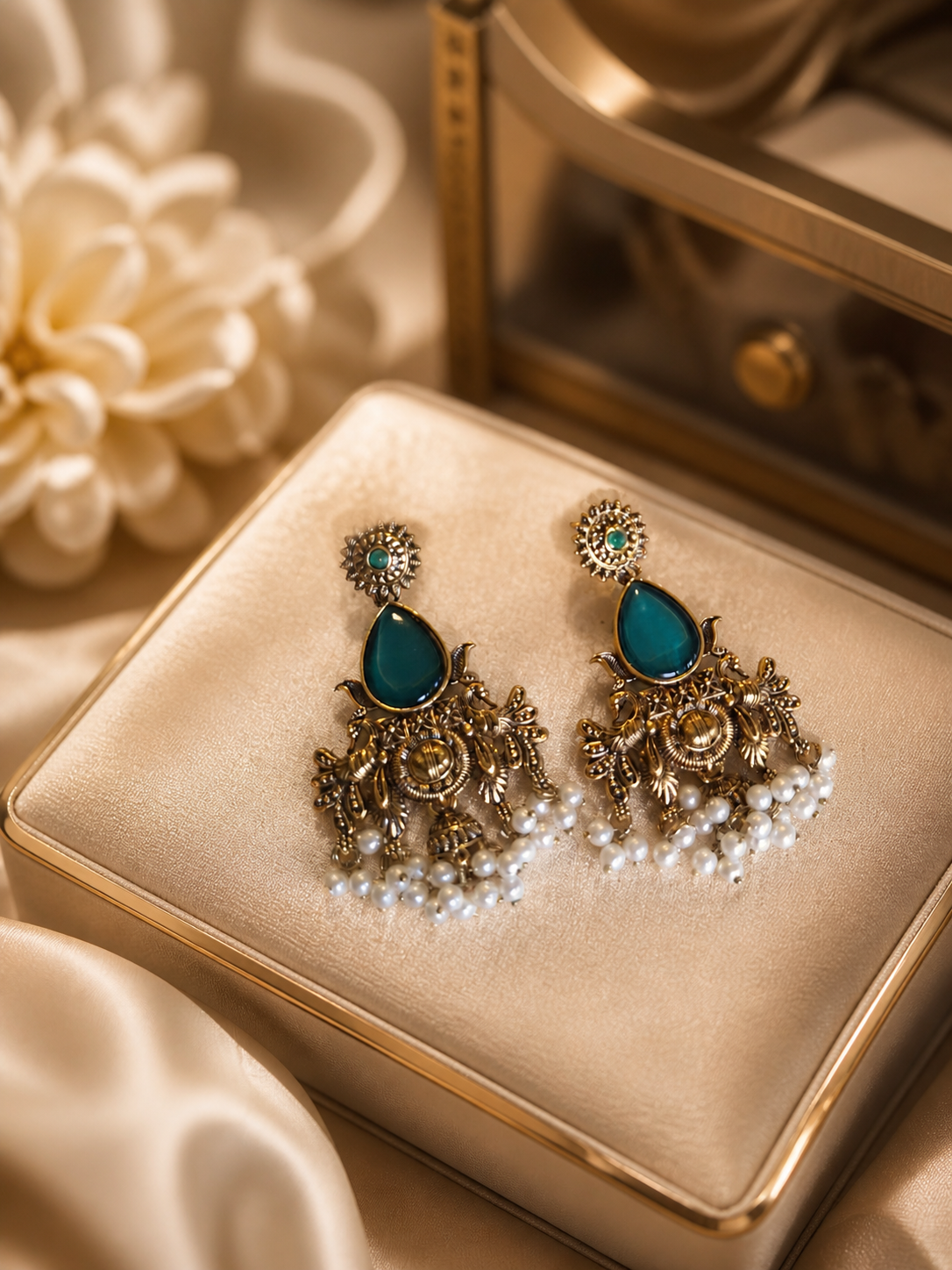 Royal Emerald Pearl Oxidised Jhumka Earrings for Women